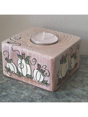 White Pumpkin Wood Votive Holder or Riser Hand Painted Signed